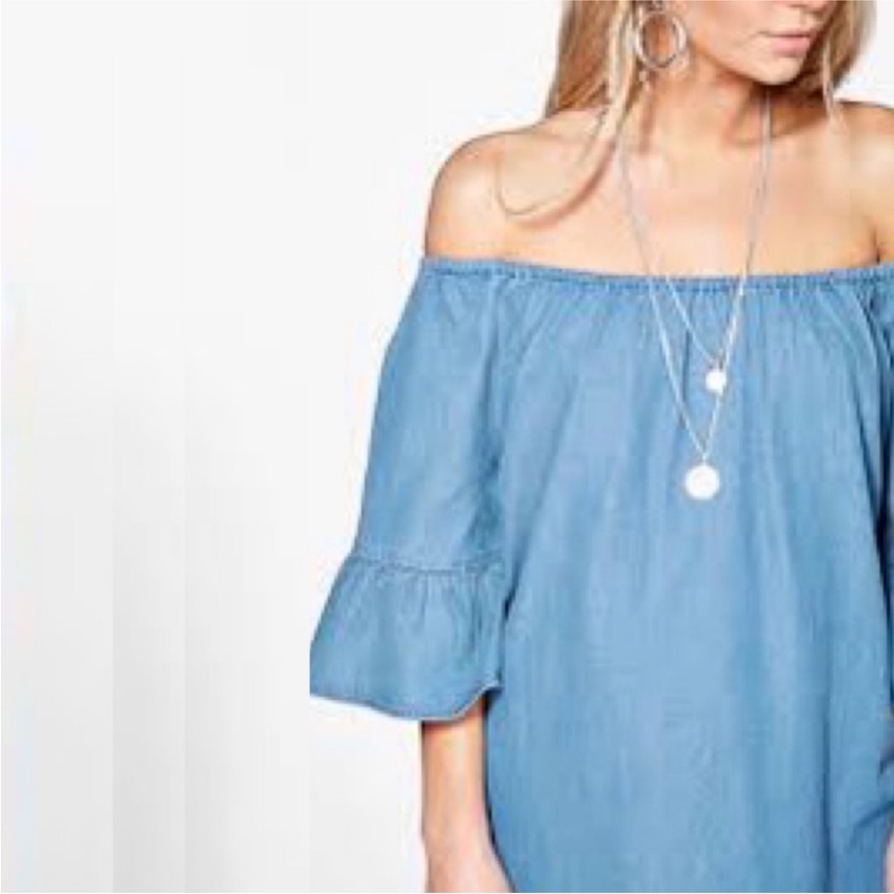 Forever 21+ Off-Shoulder Chambray Dress | Light Wash Denim Look | Size 1X | NWT - Picture 7 of 16